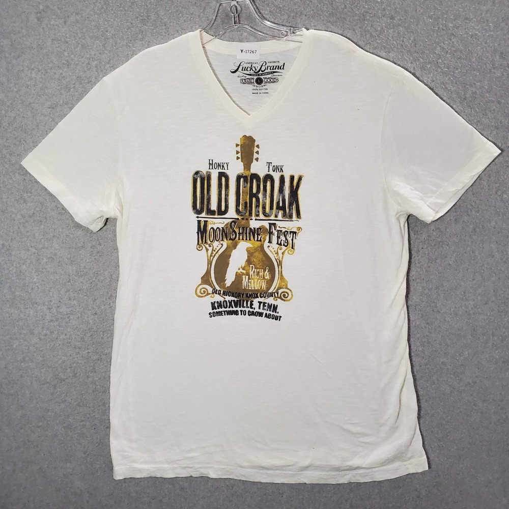 Lucky Brand Men Shirt Large White Old Croak MoonShine Fest Knoxville Tenn READ